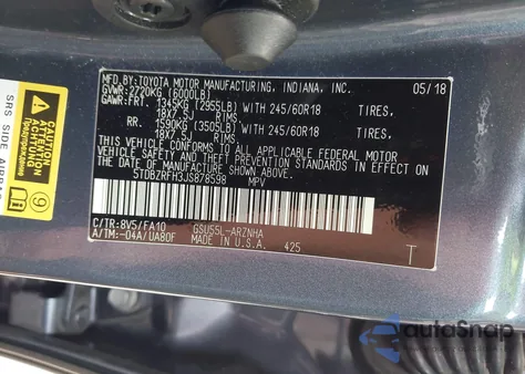 2018 Toyota Highlander Le Plus from USA, damaged, VIN 5TDBZRFH3JS878598